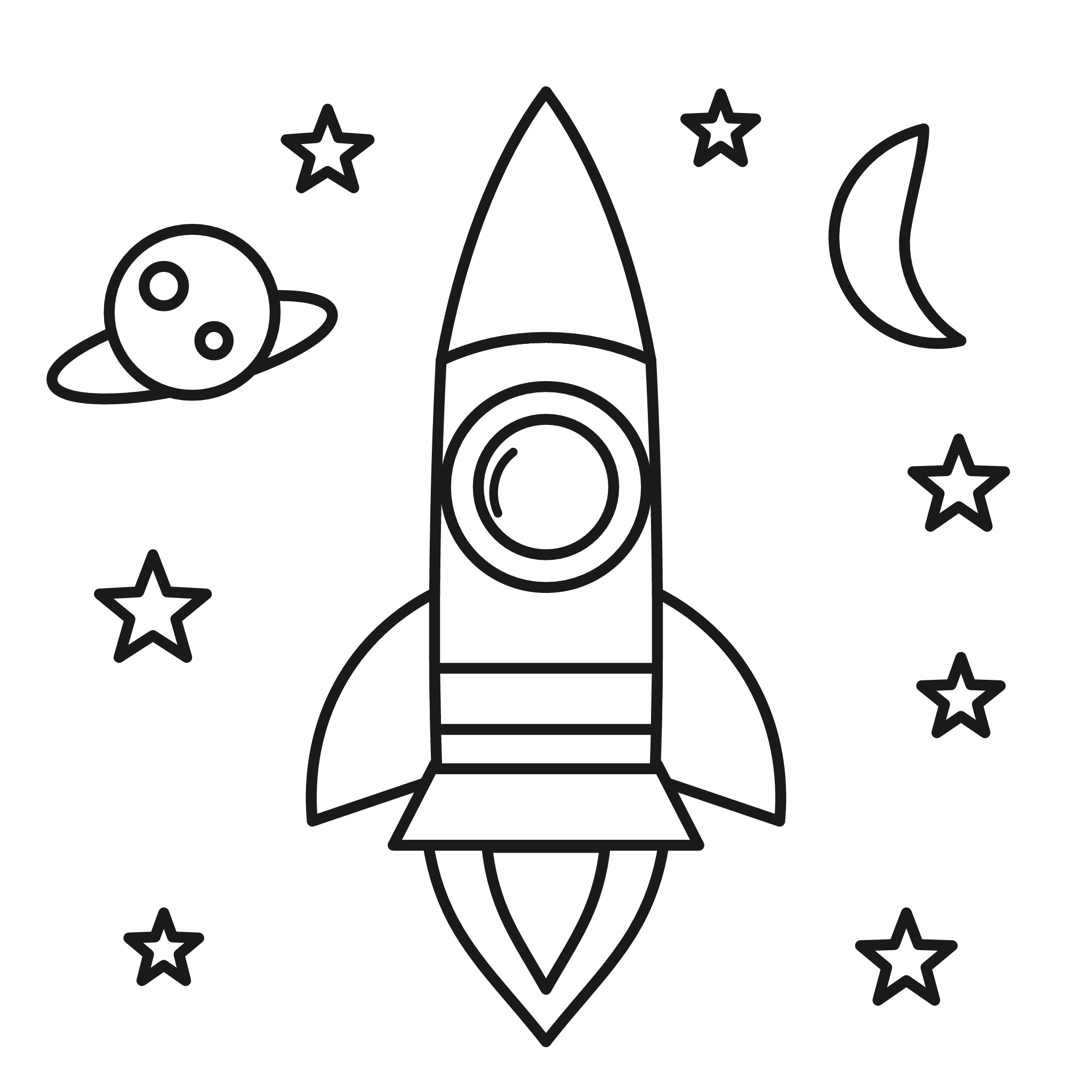 Rocket Ship coloring page — printable black-and-white line art to color online